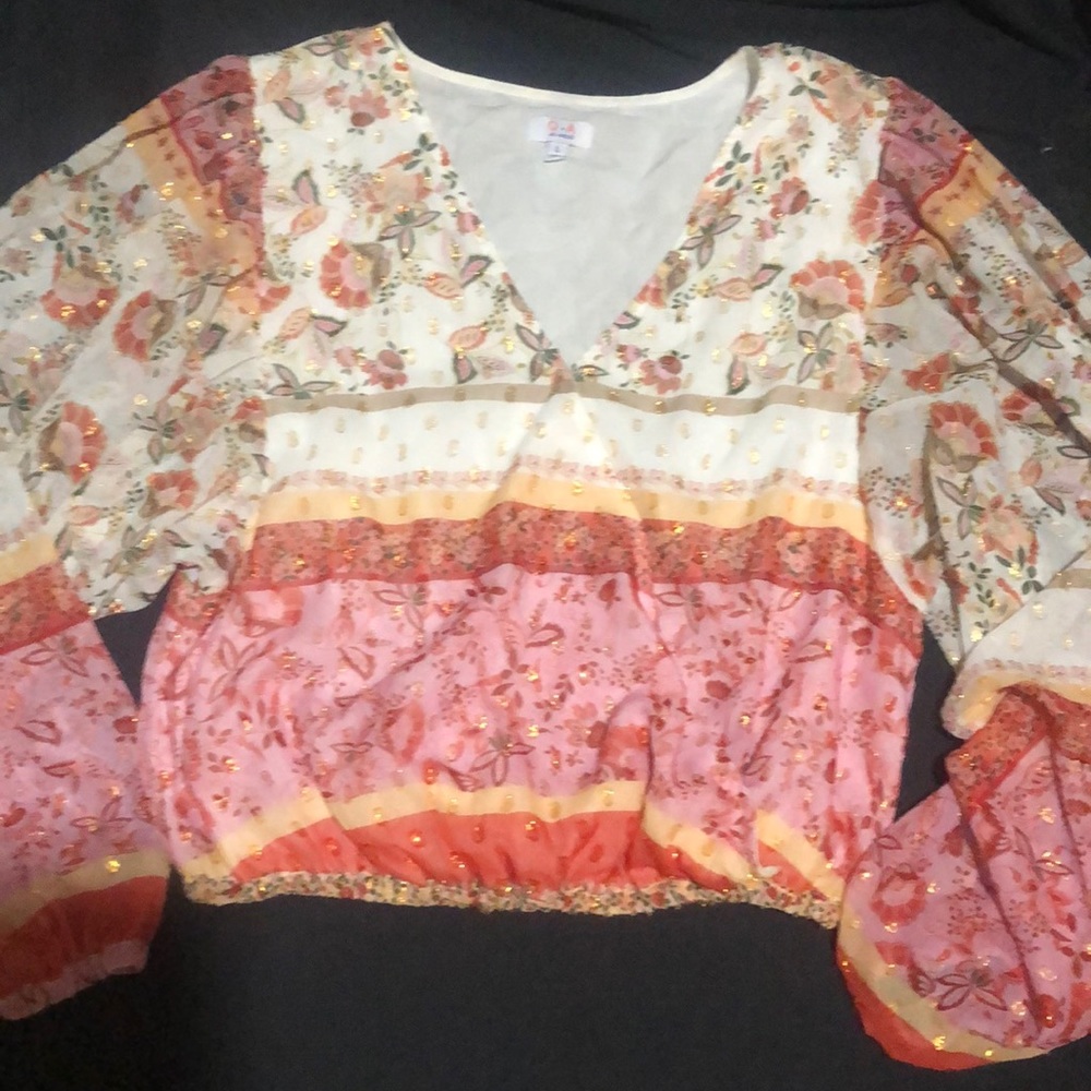 🌸boho ladies top w gold sparkles , multi ,size L